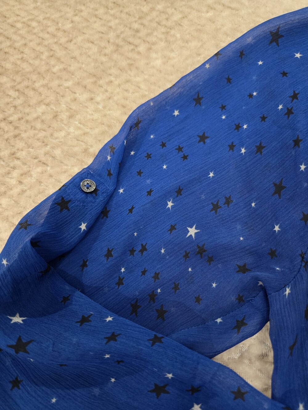 Express Blue Sheer Star Print Blouse Boho Chic Y2K Festival Top M - Picture 9 of 9